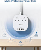 Addtam Extension Lead with USB Slots, Power Strips with 2 Way Outlets 4 USB