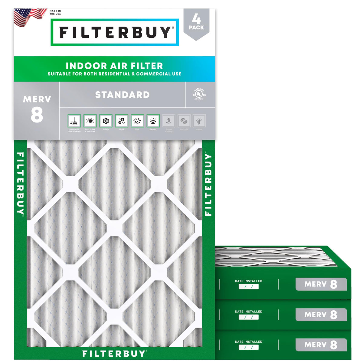 Filterbuy 20x20x1 Air Filter MERV 8 Dust & Allergy Defense (4-Pack)