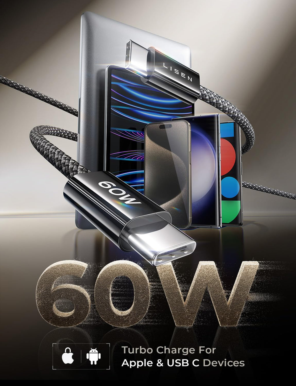 LISEN USB C to USB C Cable Charger 60W 4-Pack [0.5/1/2/2M] USBC to USBC