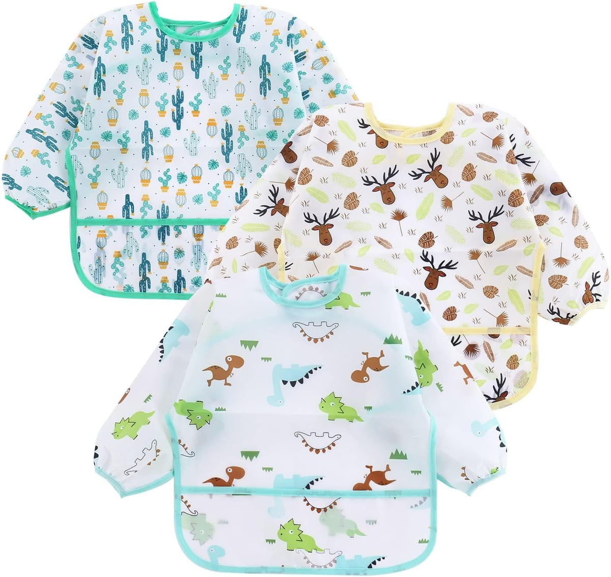 PandaEar 3 Pack Baby Weaning Bibs with Long Sleeves | Waterproof Toddler Bibs 6-24 Months