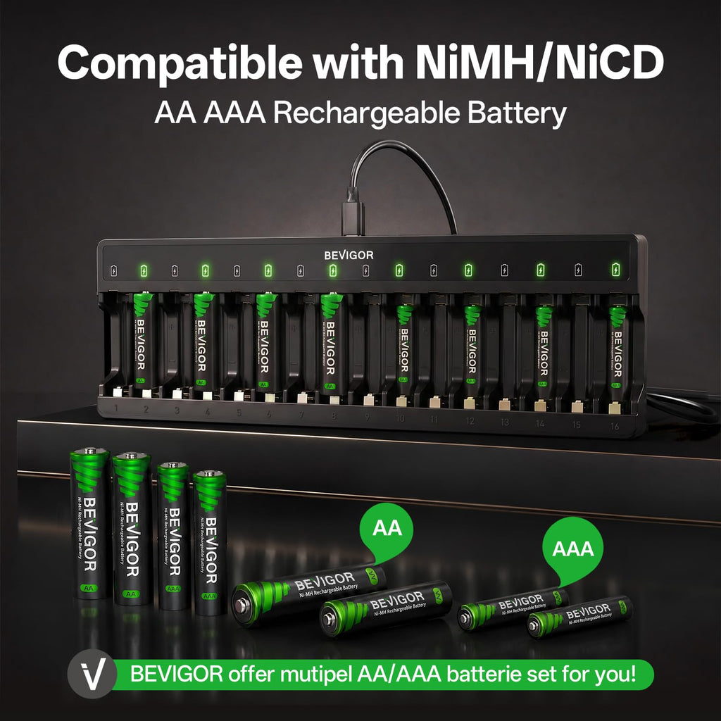 BEVIGOR 12 Slot Battery Charger with 12 Pack AA Rechargeable Batteries