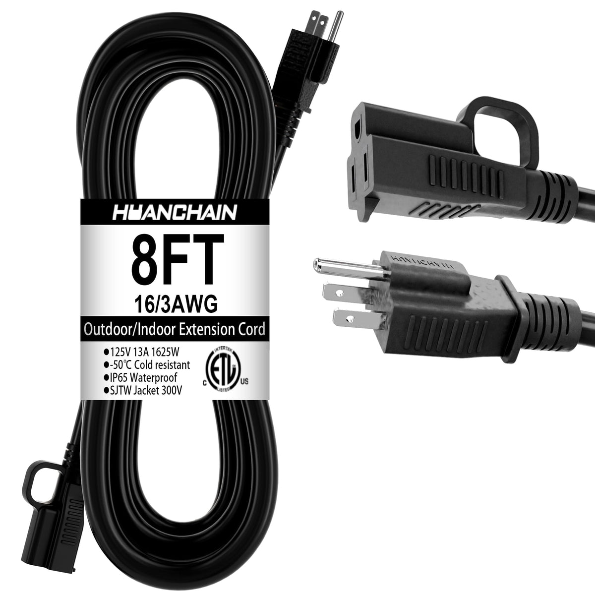 HUANCHAIN Indoor Black Extension Cord 3 FT Waterproof 16/3 Gauge