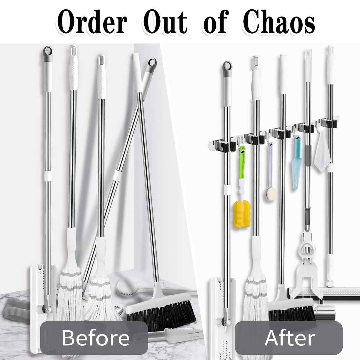 AceMining Broom Holder Wall Mount, 5 Racks 4 Hooks Heavy Duty Mop Organizer