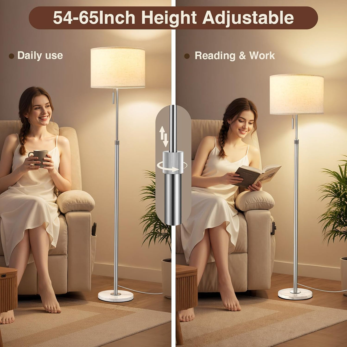 Ambimall Floor Lamp for Living Room with Smart Light Bulb, RGB + Stepless Dimmable Colors Temperature & Brightness(White Shade & Black Pole)