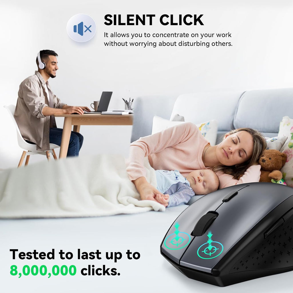 TECKNET Wireless Mouse for Laptop, 4800 DPI Optical Computer Mice with 6 Adjustable Levels, 30 Months Long Battery Life 2.4G Cordless USB Silent Mouse for Notebook, PC, Office Home Work -Grey