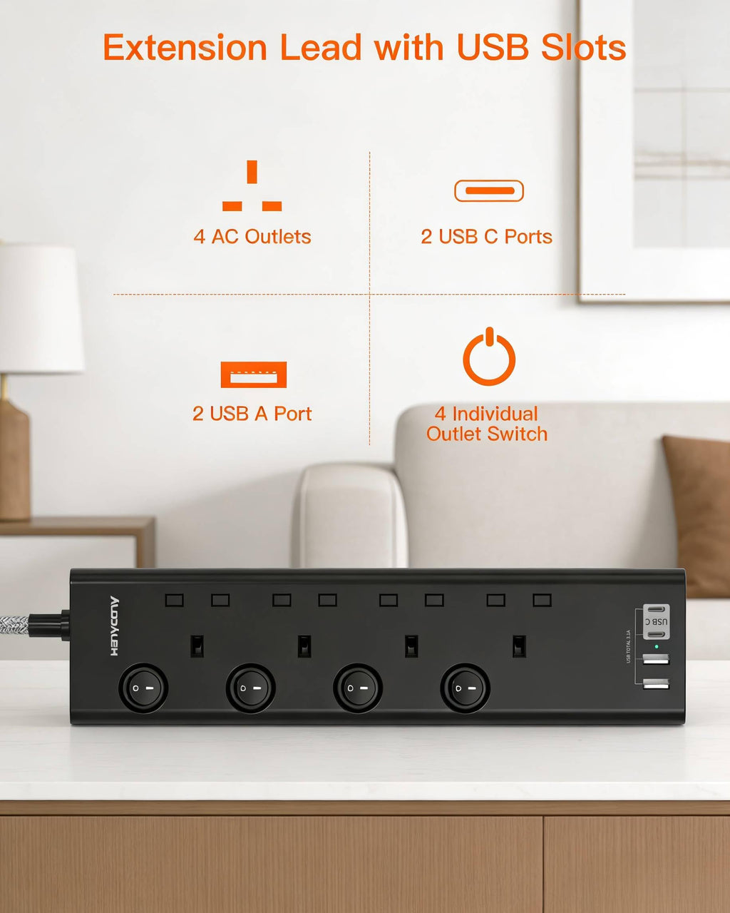 Black Extension Lead with 4 USB Slots(2 USB C), 4 Way Plug Extension Socket