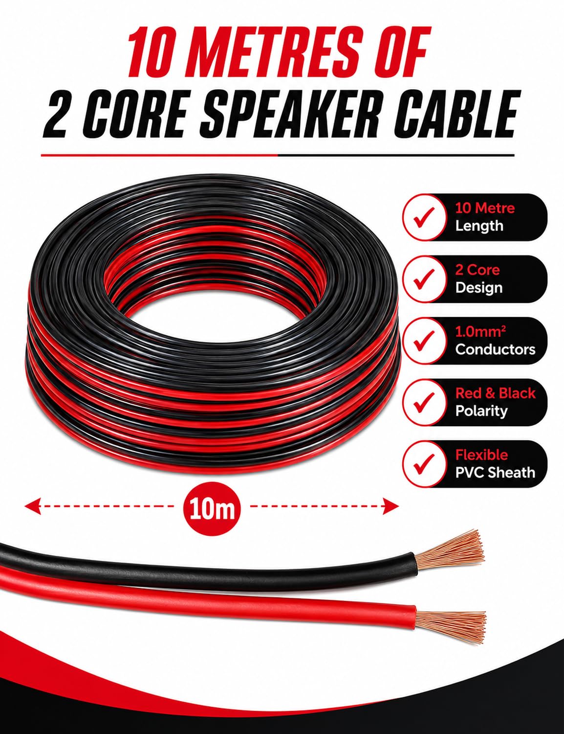 Xtremeauto 10m Speaker Cable 2 x 1.0mm² – 2 Core Red & Black Audio Cable with 89 Strands Per Core for Home Hi-Fi, Speakers, Amplifiers & Car Audio Systems