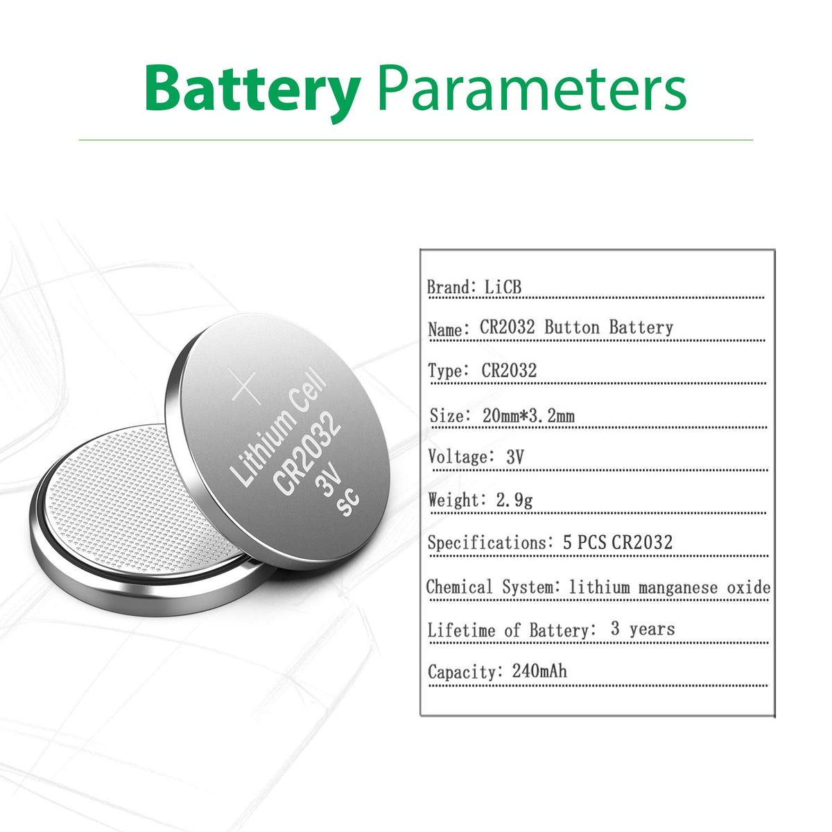 LiCB CR2032 Battery 3V Lithium 5PCS (CR 2032 / Batteries CR2032 / DL2032 / ECR2032/) for Computer motherboards,Remotes,LED lights,Glucometers,Toys,Car key,Scales.