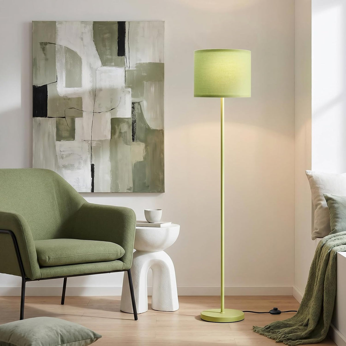 Ambimall Floor Lamp for Living Room with Smart Light Bulb, RGB + Stepless Dimmable Colors Temperature & Brightness(White Shade & Black Pole)