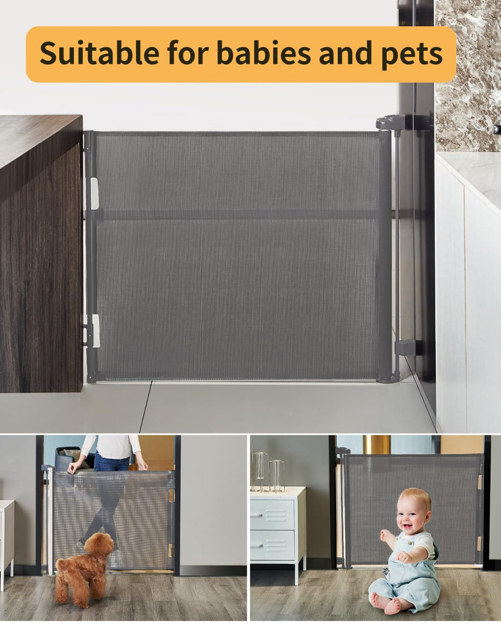 Retractable Mesh Baby & Dog Gate for Stairs, 86cm Tall x 140cm Wide, Black