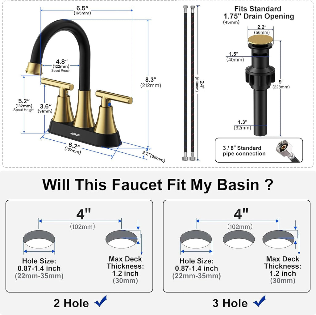 Matte Black Bathroom Faucet, Hurran 4 inch Centerset 2-Handle Lead-Free