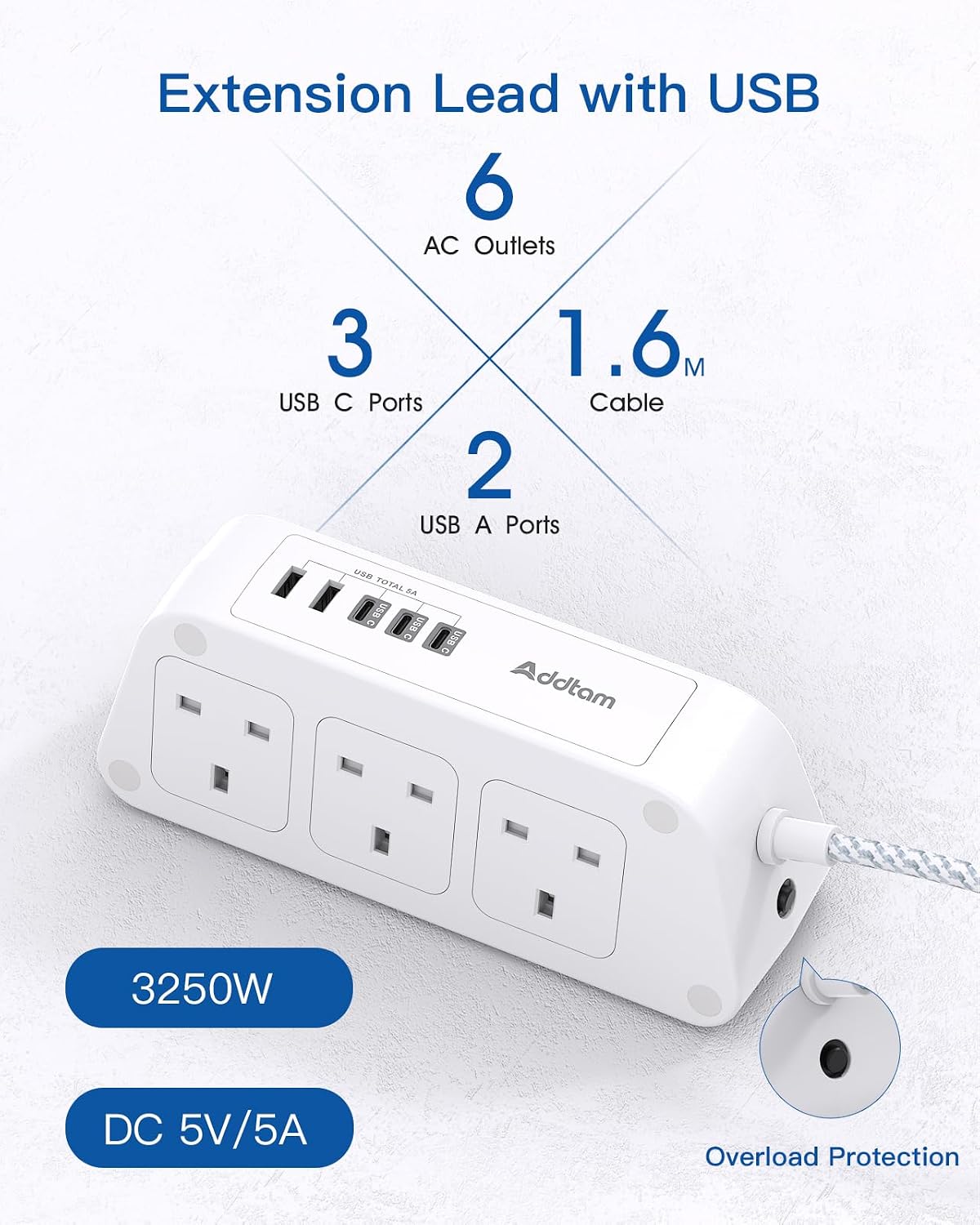 Extension Lead with USB Slots, 6 Way Outlets 5 USB (5A, 3 USB- C Port),1.6M