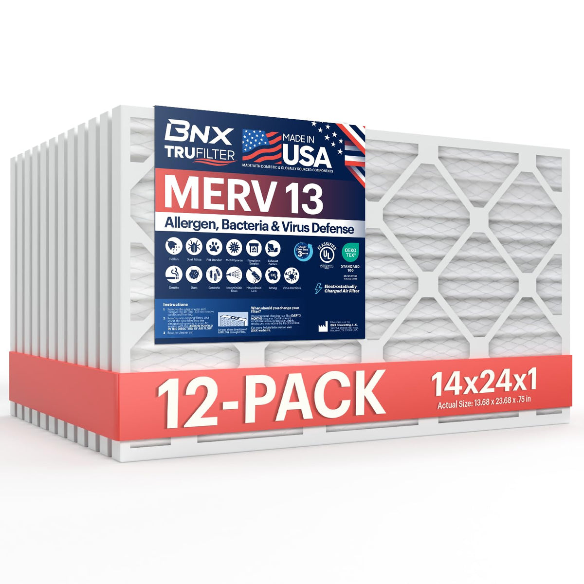 BNX TruFilter 20x20x1 Air Filter MERV 13 Smoke, Allergy, Pet Defense 6-Pack