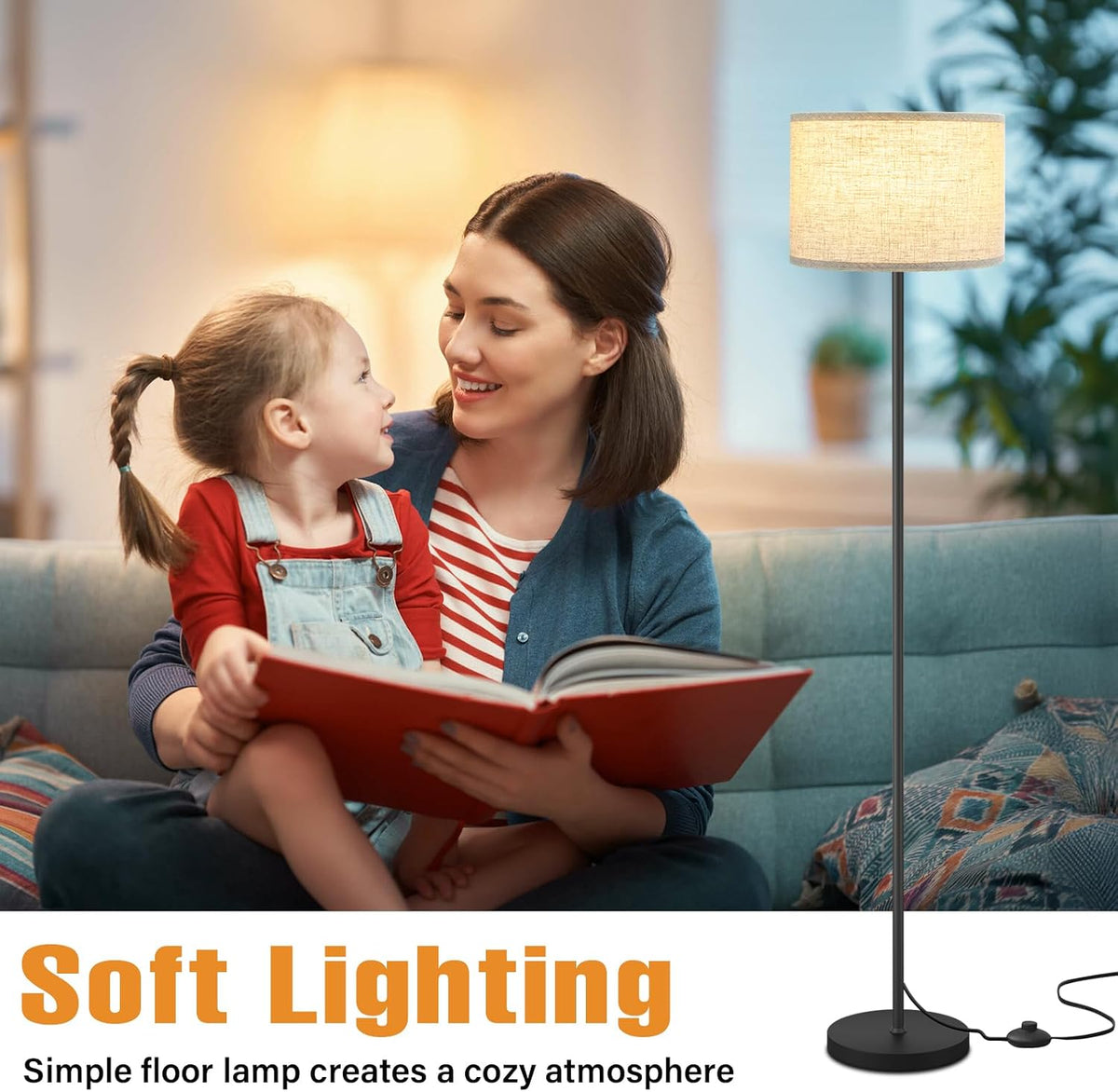 Ambimall Floor Lamp for Living Room with Smart Light Bulb, RGB + Stepless Dimmable Colors Temperature & Brightness(White Shade & Black Pole)