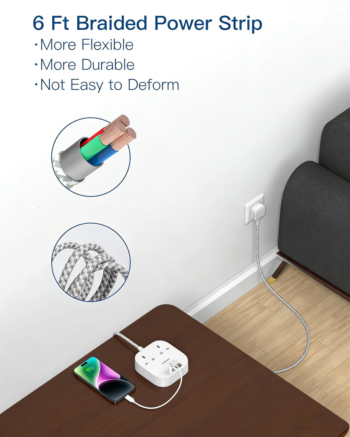 Addtam Extension Lead with USB Slots, Power Strips with 2 Way Outlets 4 USB
