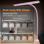 Airlonv LED Desk Lamp with Clamp, 17" Stepless Dimming Light, Black