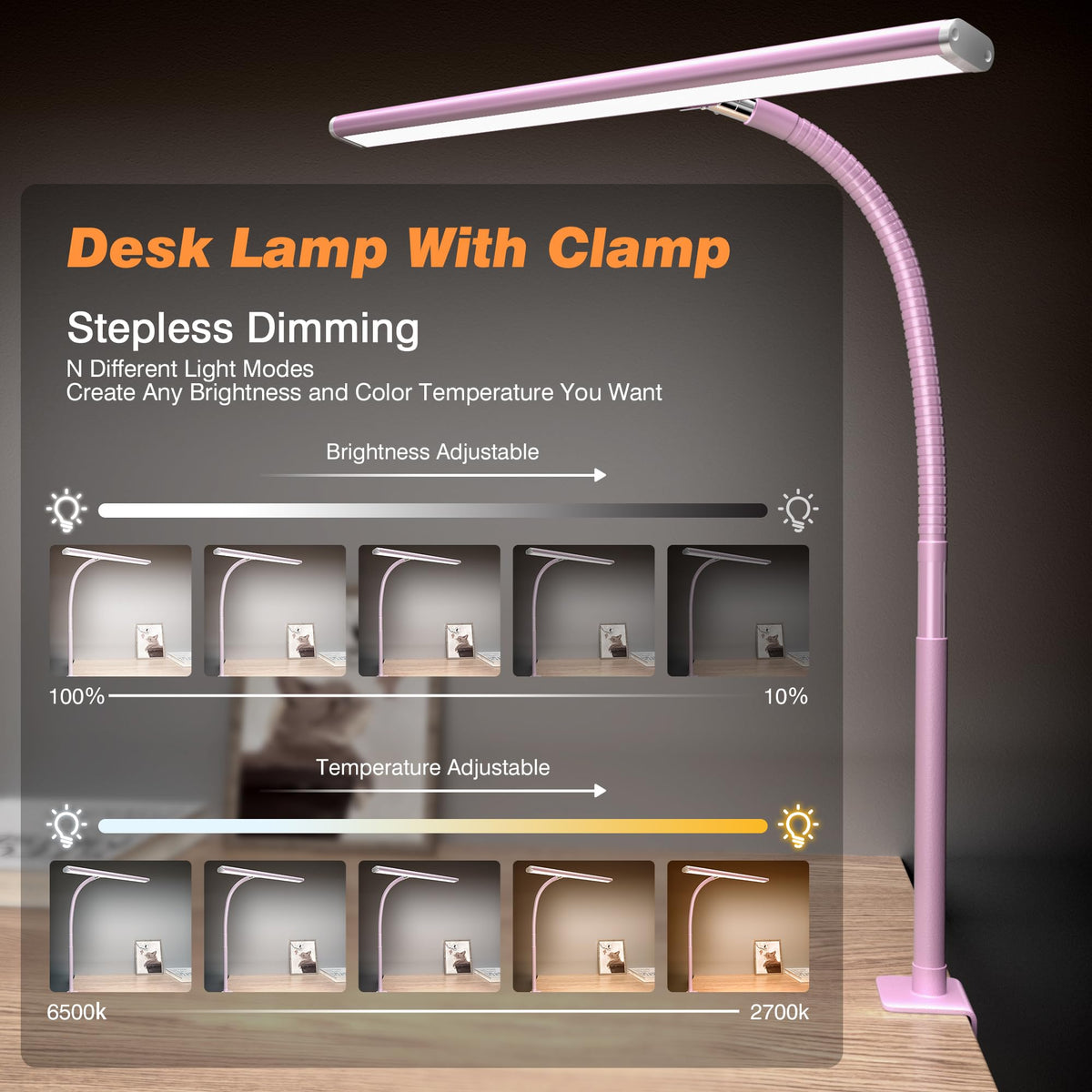 Airlonv LED Desk Lamp with Clamp, 17" Stepless Dimming Light, Black