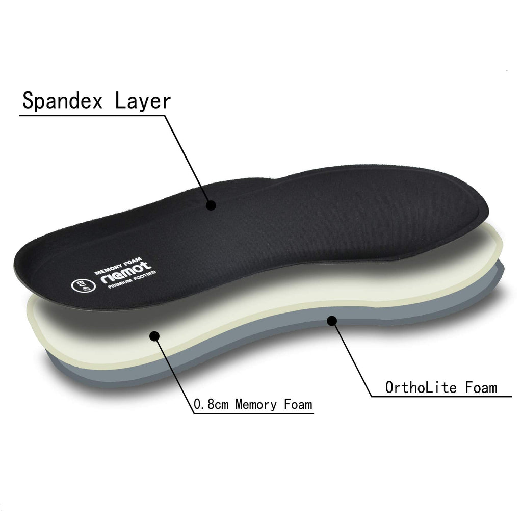 riemot Memory Foam Insoles for Men and Women - Replacement Shoe Inserts Comfort Cushioning for Sports Shoes, Trainers, Sneakers, Work Boots and Walking Shoes, Black with Yellow Base, UK8 / EU42