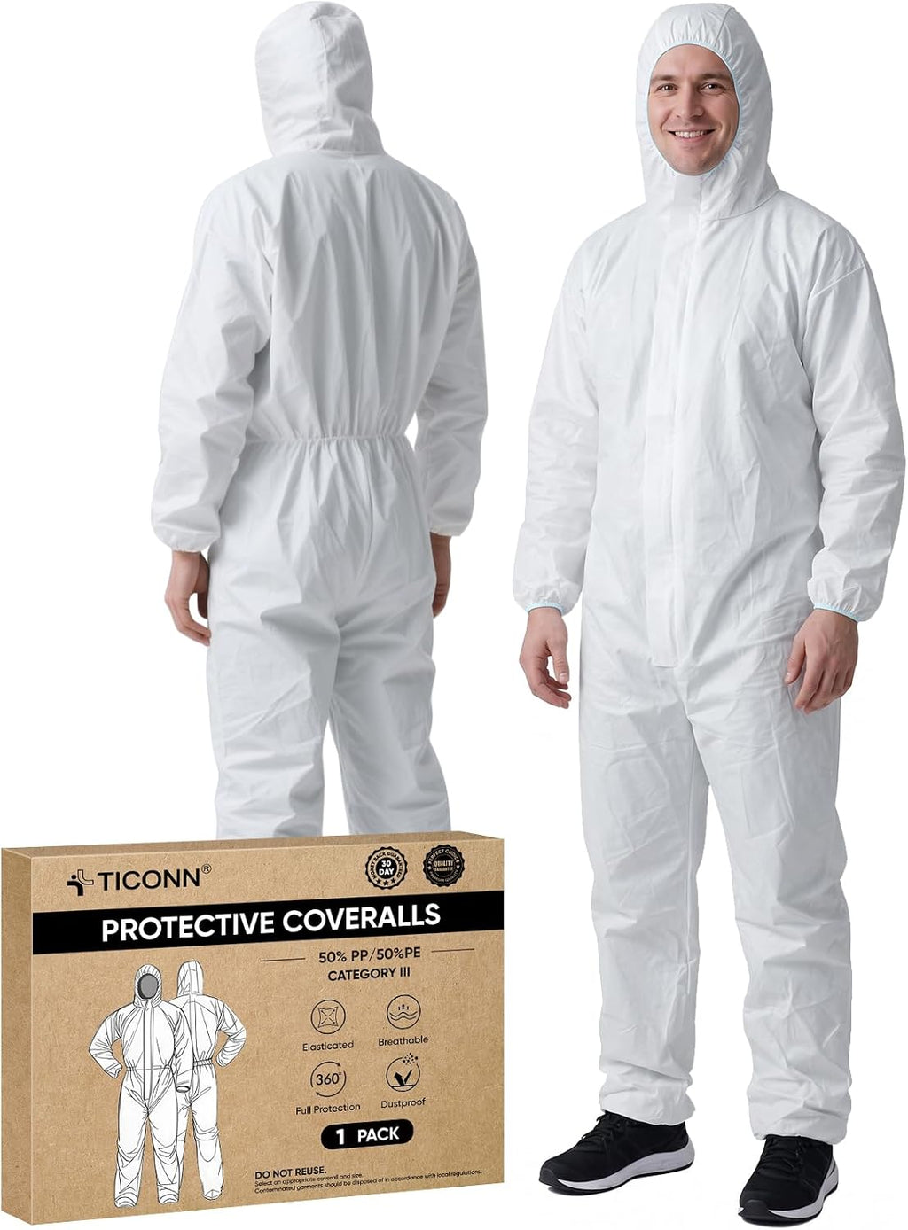 TICONN Hazmat Suit Disposable Coveralls, Full Body Lab Overall Paint Suit
