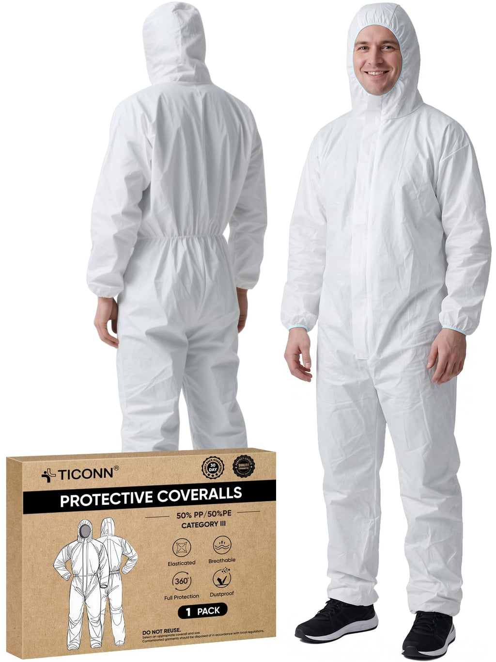 TICONN Hazmat Suit Disposable Coveralls, Full Body Lab Overall Paint Suit