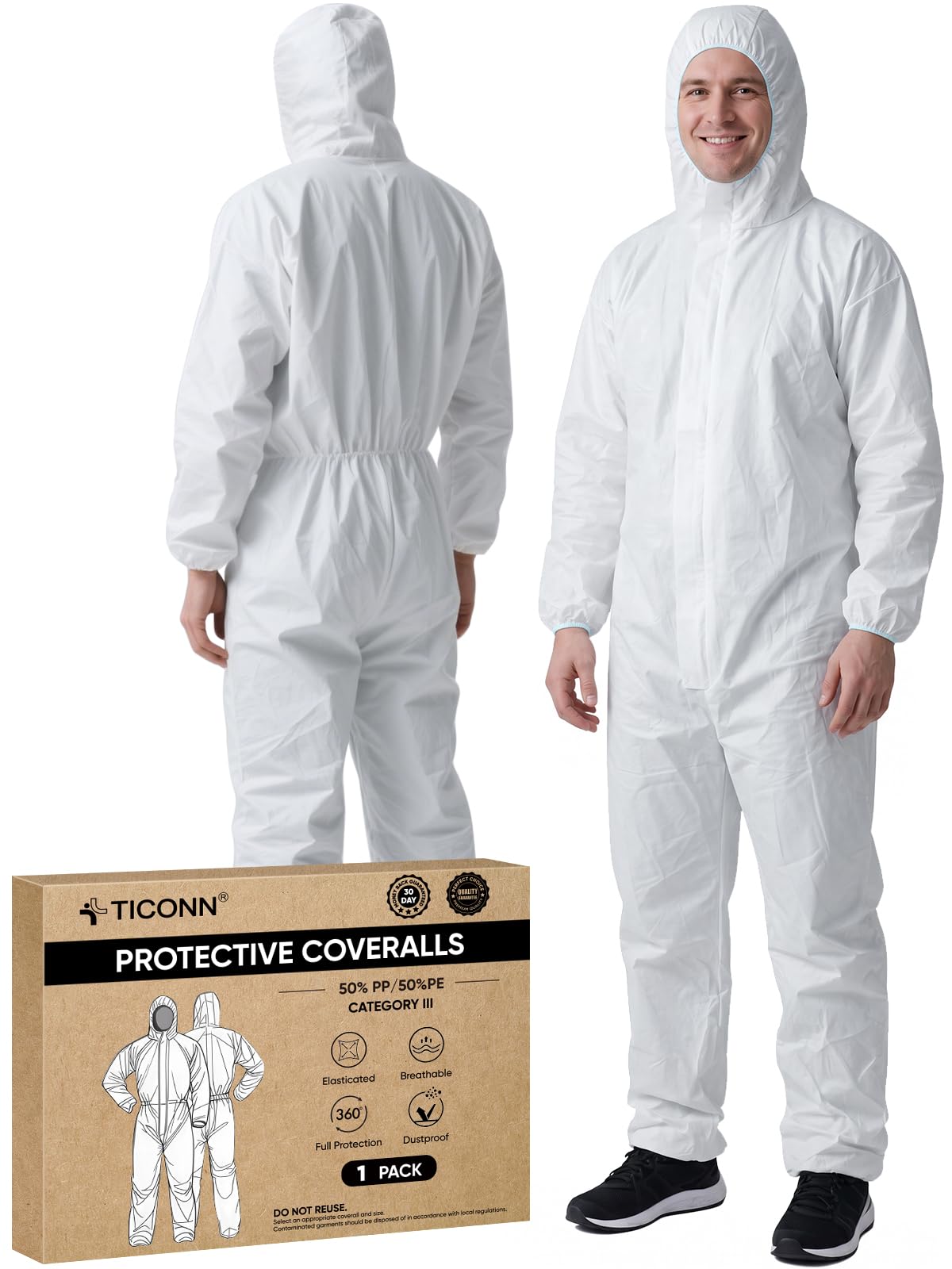 TICONN Hazmat Suit Disposable Coveralls, Full Body Lab Overall Paint Suit