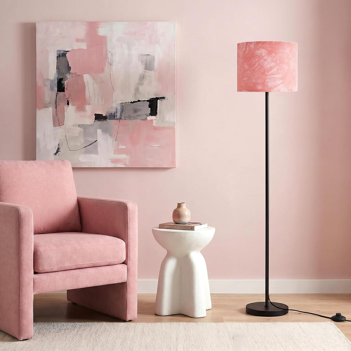 Ambimall Floor Lamp for Living Room with Smart Light Bulb, RGB + Stepless Dimmable Colors Temperature & Brightness(White Shade & Black Pole)