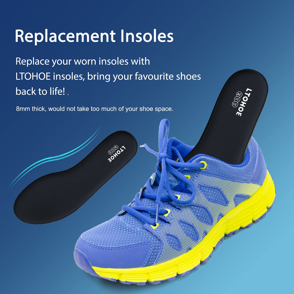 Memory Foam Insoles for Men and Women, Cushioned Shoe Insoles for Running Shoes, Trainers, Work Boots and Walking Shoes, Shock Absorbing Foot Pain Relief Comfort Inner Soles UK Size 3 to 12