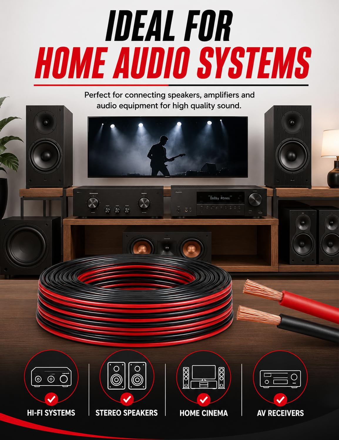 Xtremeauto 10m Speaker Cable 2 x 1.0mm² – 2 Core Red & Black Audio Cable with 89 Strands Per Core for Home Hi-Fi, Speakers, Amplifiers & Car Audio Systems