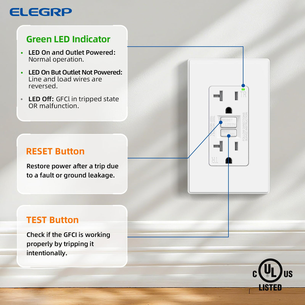 ELEGRP GFCI Outlet 20 Amp, Self-Test GFI Electrical Outlet with Thinner Design, TR Tamper Resistant GFCI Receptacle, Ground Fault Circuit Interrupters with Wall Plate, UL Listed, Light Almond, 1 Pack