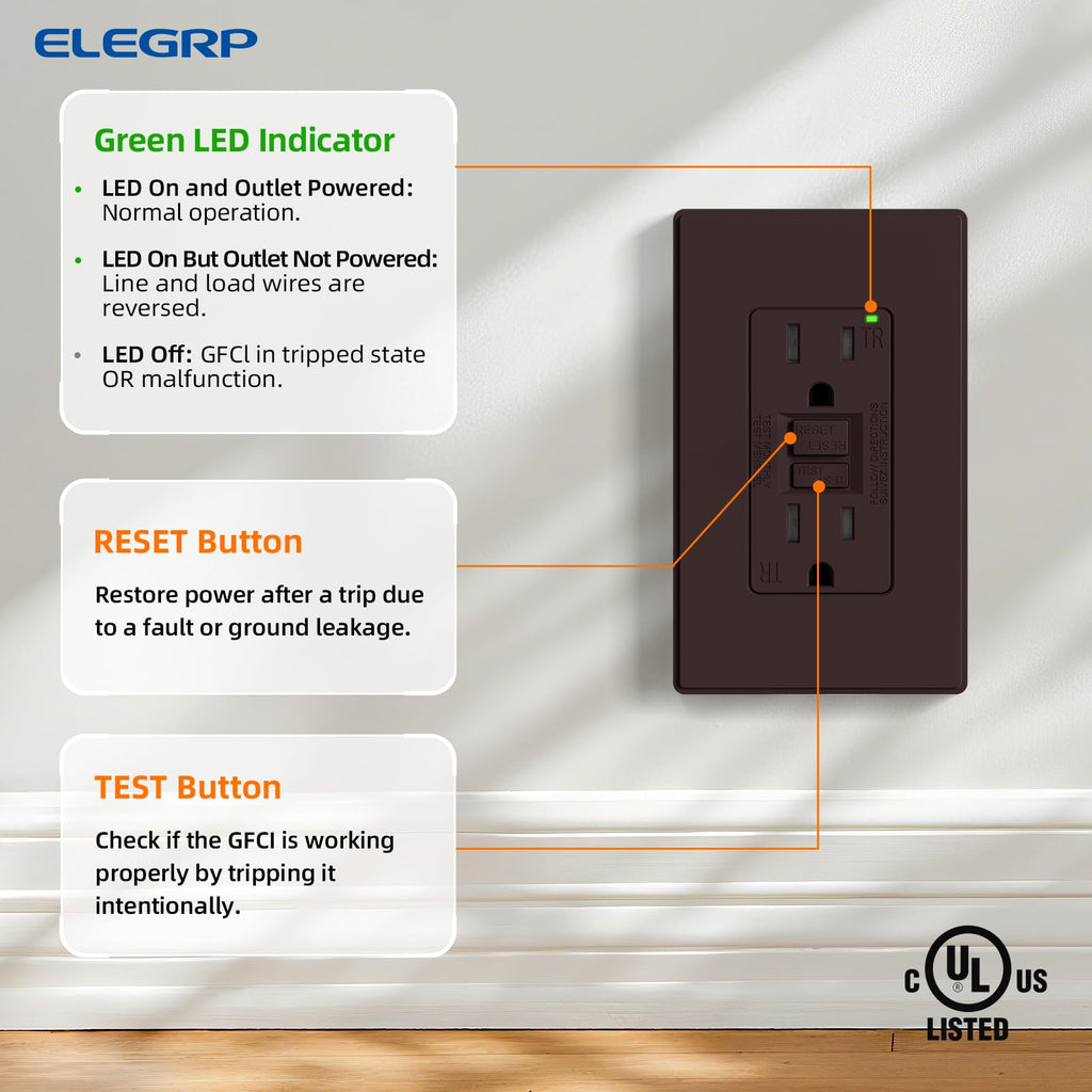 ELEGRP GFCI Outlet 20 Amp, Self-Test GFI Electrical Outlet with Thinner Design, TR Tamper Resistant GFCI Receptacle, Ground Fault Circuit Interrupters with Wall Plate, UL Listed, Light Almond, 1 Pack
