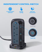 Tower Extension Lead 2M, 12 Way, 6 USB, 4 Independent Switches