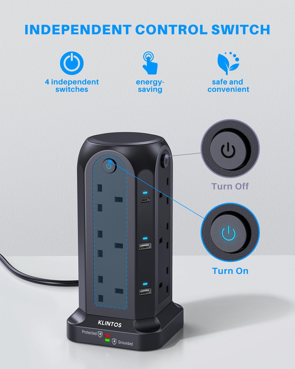 Tower Extension Lead 2M, 12 Way, 6 USB, 4 Independent Switches