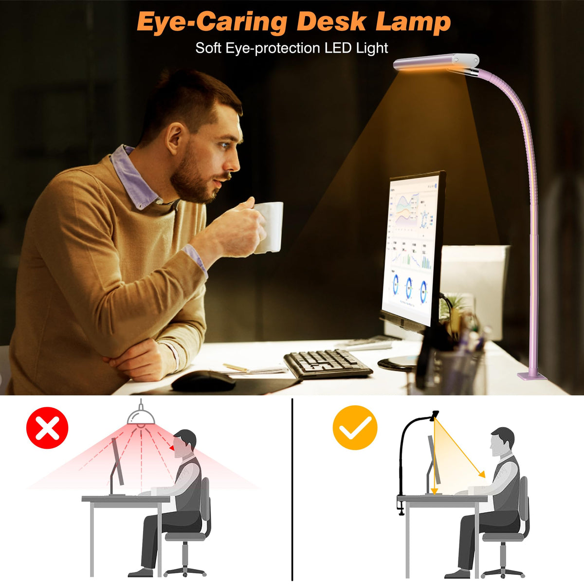 Airlonv LED Desk Lamp with Clamp, 17" Stepless Dimming Light, Black