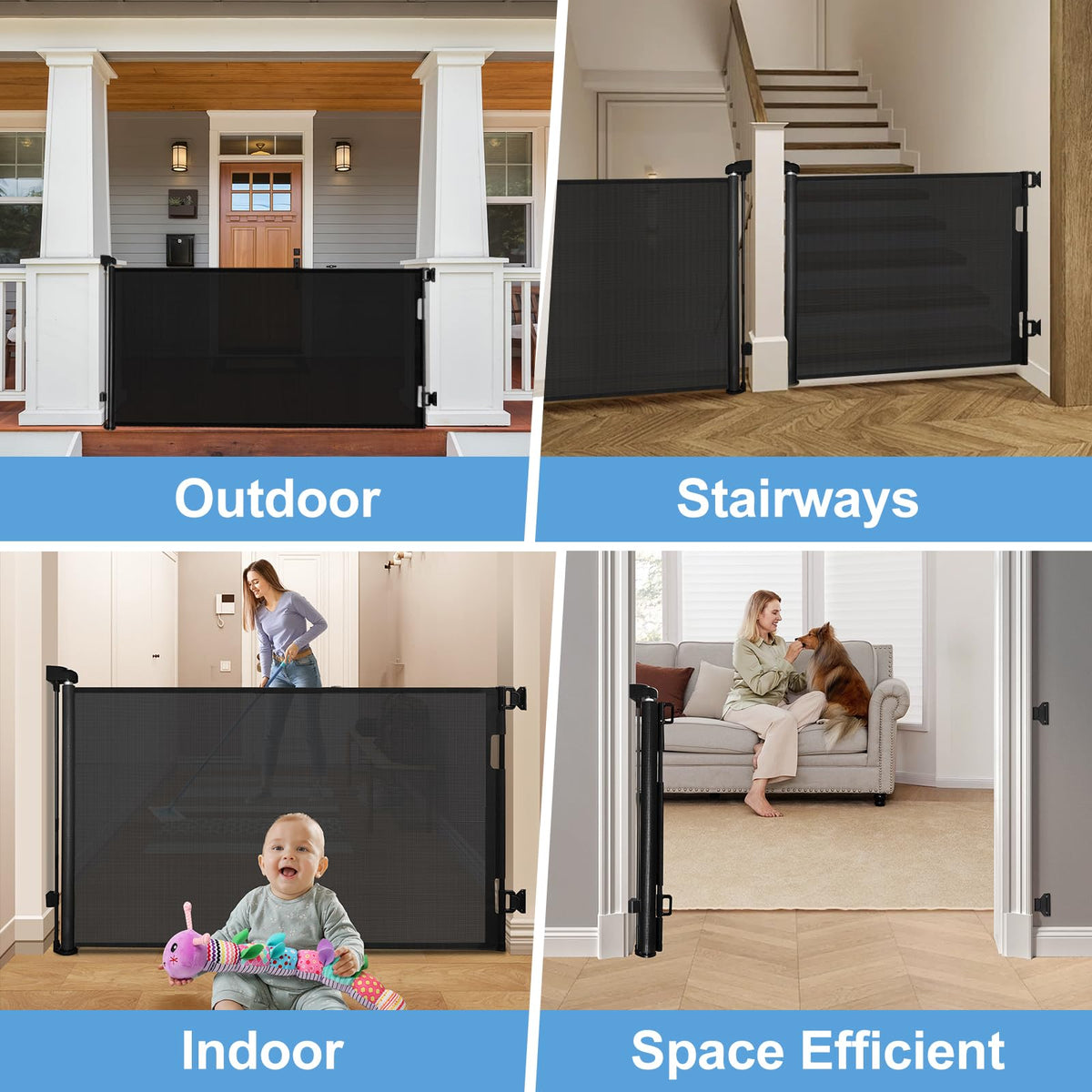 Retractable Mesh Baby & Dog Gate for Stairs, 86cm Tall x 140cm Wide, Black