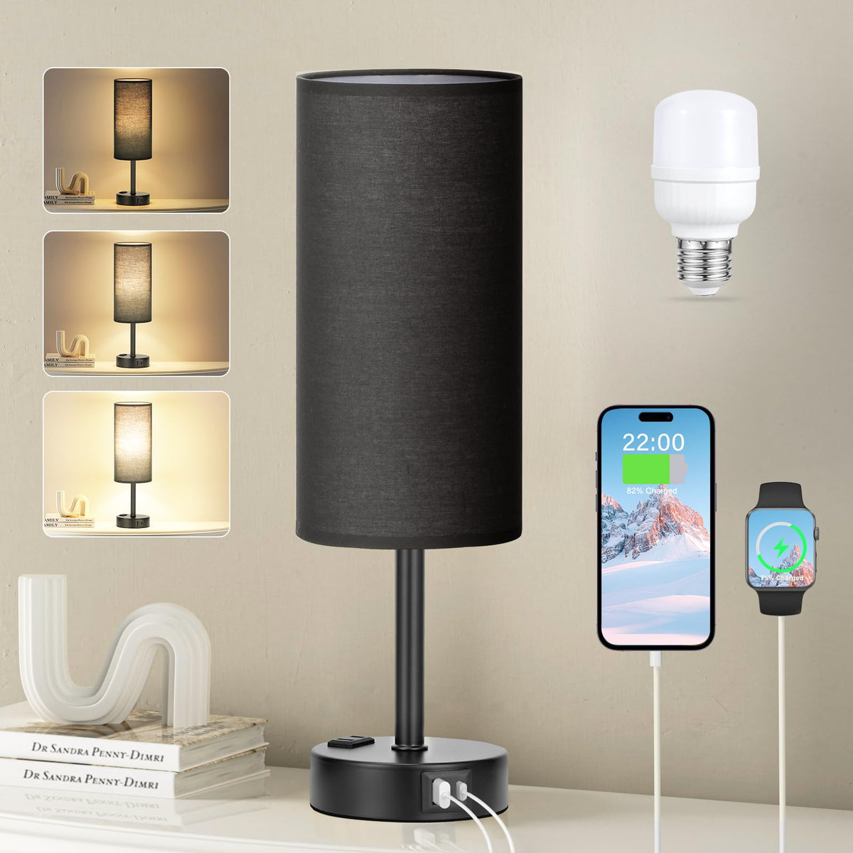 Fenmzee Bedside Table Lamp Set of 2 - Dimmable Touch, USB A+C, AC Outlet