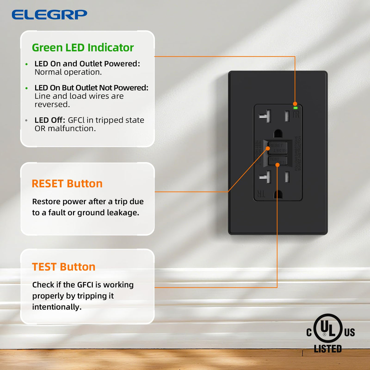 ELEGRP GFCI Outlet 20 Amp, Self-Test GFI Electrical Outlet with Thinner Design, TR Tamper Resistant GFCI Receptacle, Ground Fault Circuit Interrupters with Wall Plate, UL Listed, Light Almond, 1 Pack