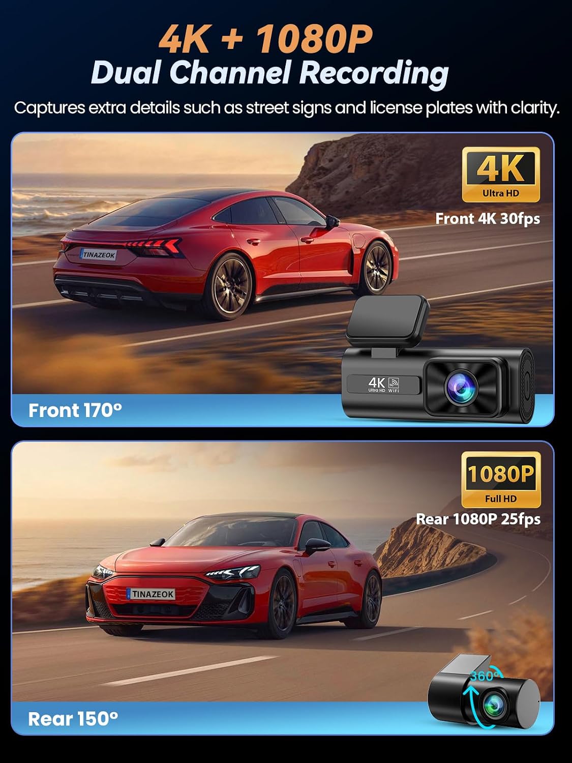 Dash Cam Front and Rear 4K+1080P, 64GB Card, Night Vision, WDR