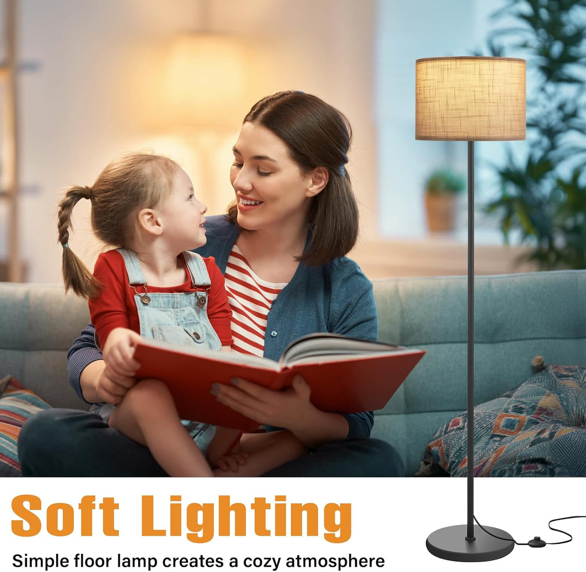 Ambimall Floor Lamp for Living Room with Smart Light Bulb, RGB + Stepless Dimmable Colors Temperature & Brightness(White Shade & Black Pole)