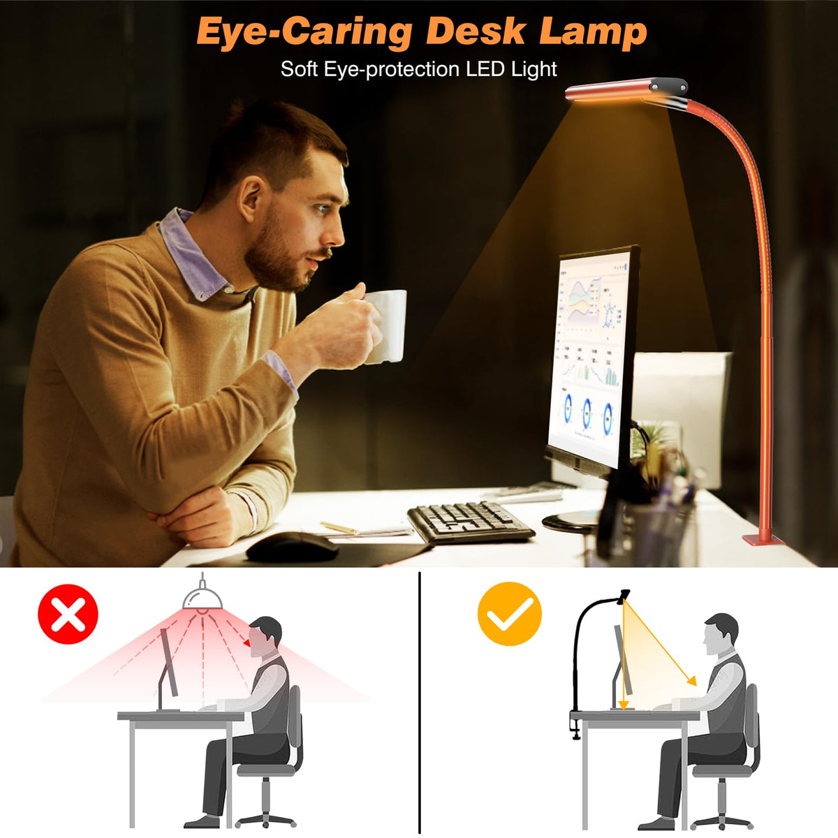 Airlonv LED Desk Lamp with Clamp, 17" Stepless Dimming Light, Black