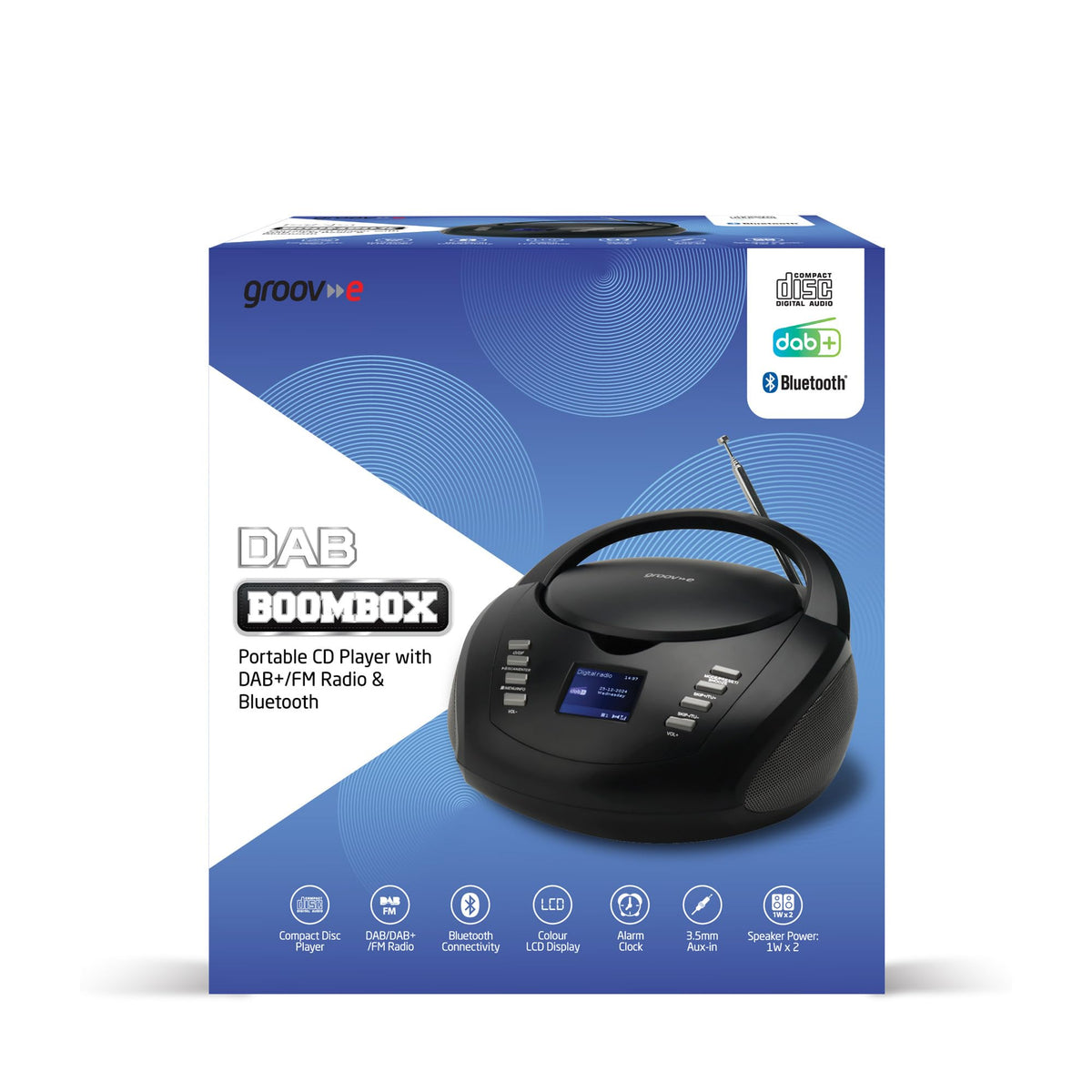 Groov-e Original Boombox - Portable CD Player with Bluetooth, Radio, 3.5mm Aux Port, & Headphone Socket - LED Display, 2 x 1.2W Speakers - Battery or Mains Powered - Blue