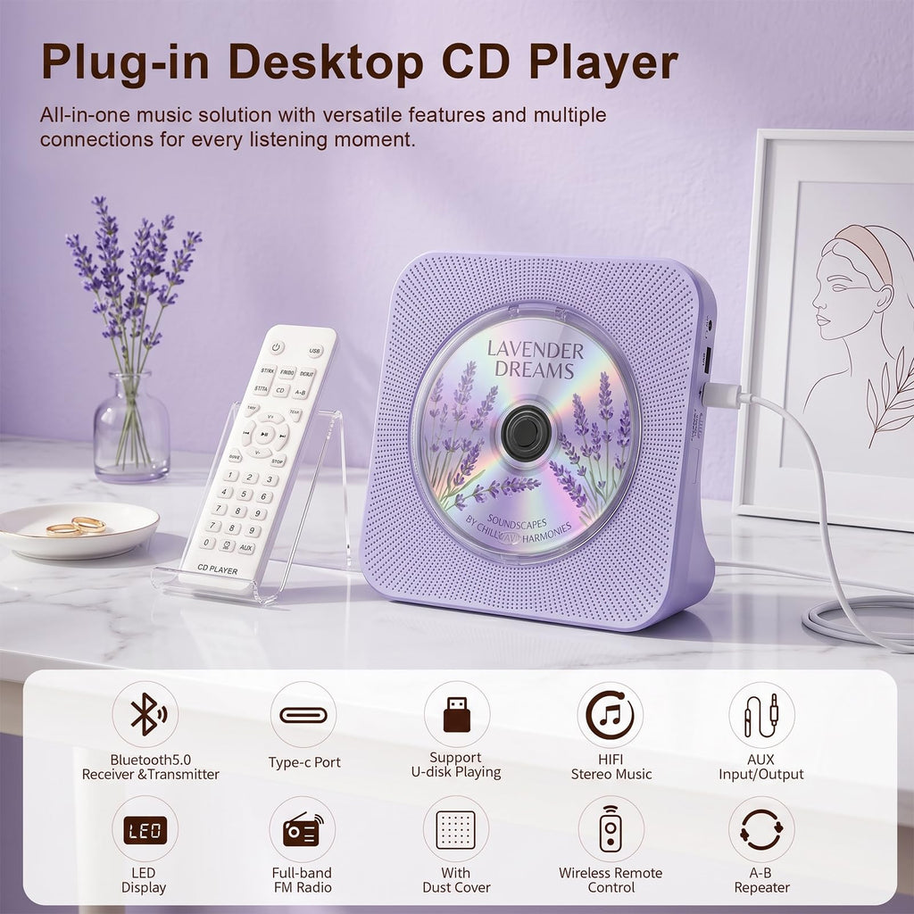 Portable CD Player with Bluetooth, Gueray Desktop CD Players for Home, Bulit-in Double HiFi Speakers, AUX&Headphone Jack, FM Radio Boombox with Remote Control, USB Port,LCD Display (Blue)