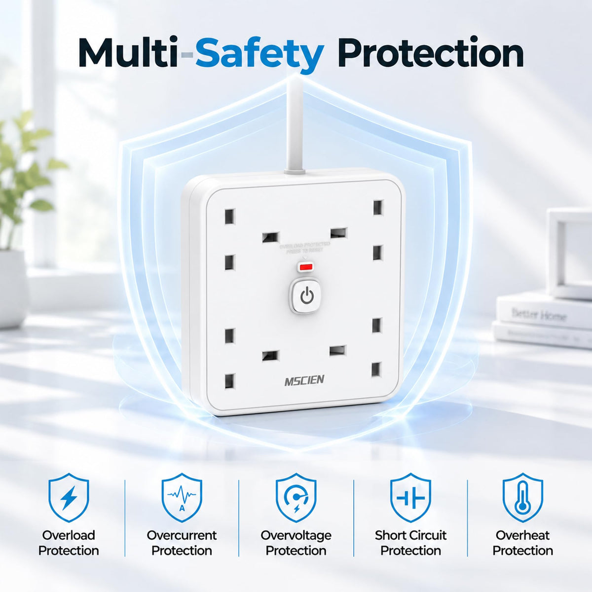 3M 4 Way Extension Lead with 4 USB Slots (1 USB-C + 3 USB-A), Mscien White Wall-Mounted Extension Socket with Switch and LED Indicator for Living Room, Bedroom, Kitchen, Office