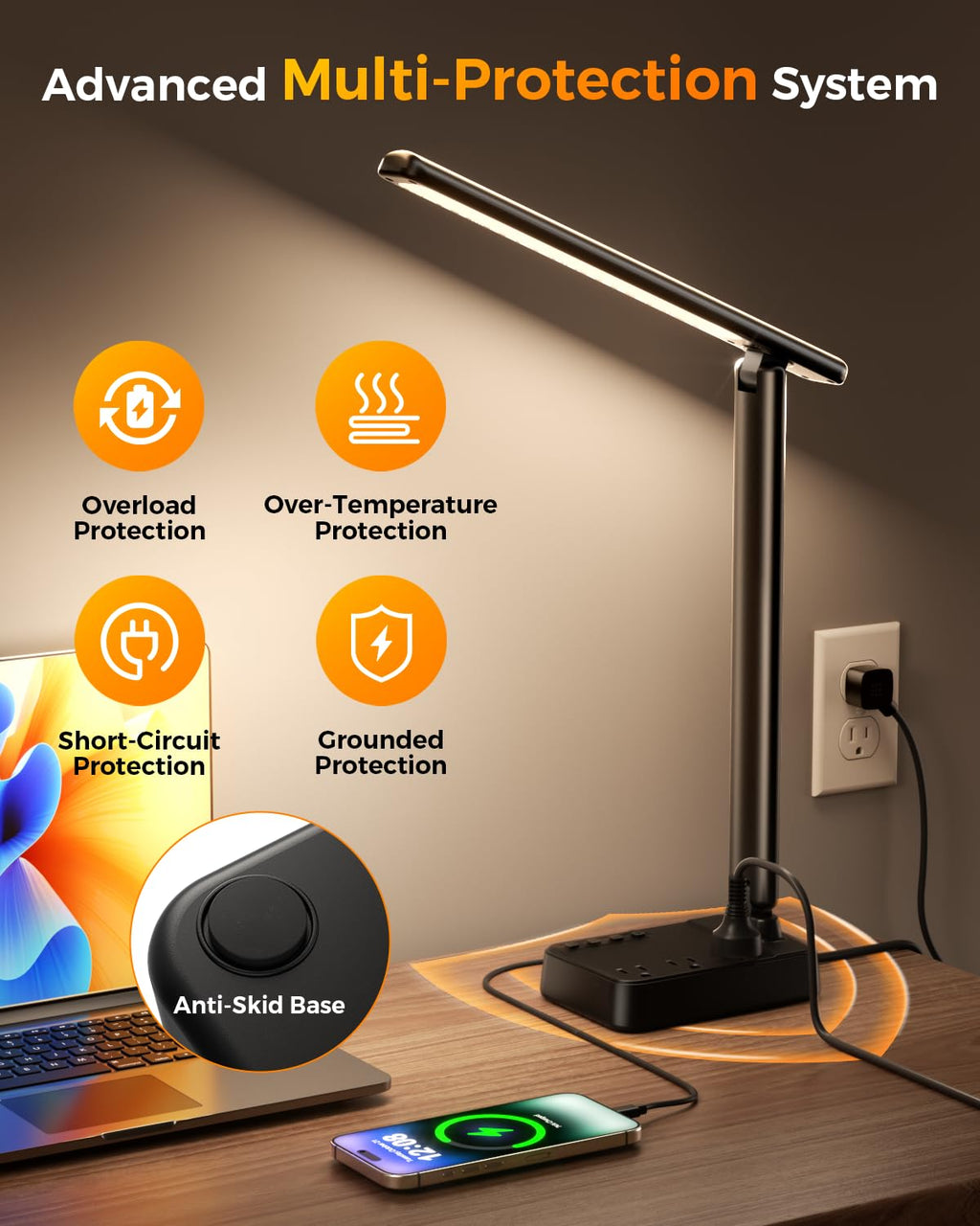 Airlonv LED Desk Lamp with Clamp, 17" Stepless Dimming Light, Black