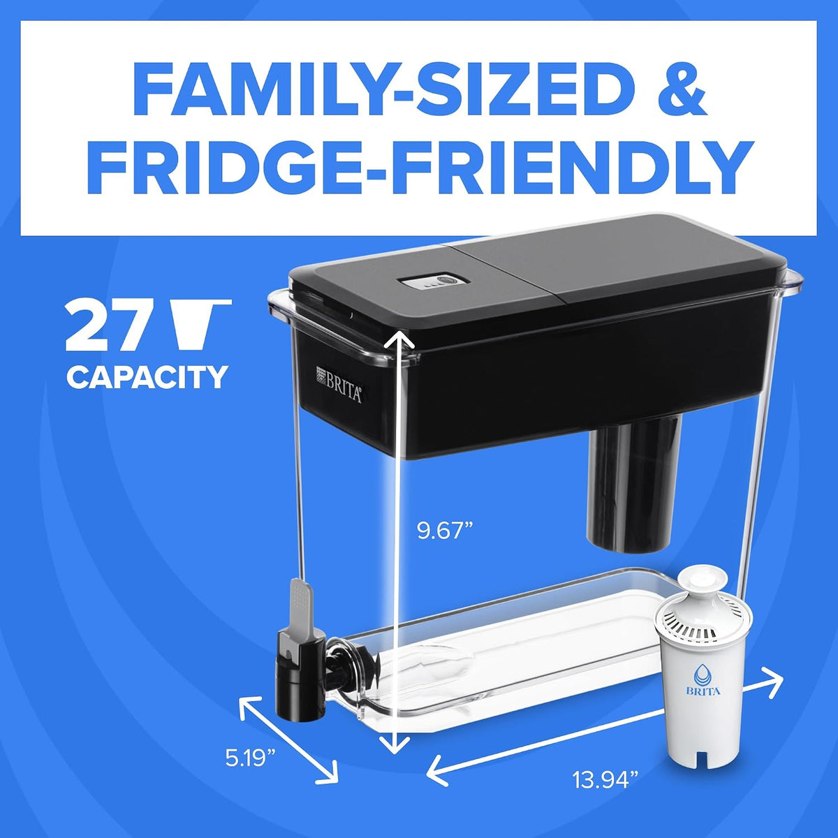 Brita X-Large 27 Cup Water Dispenser, Includes 1 Filter, Black