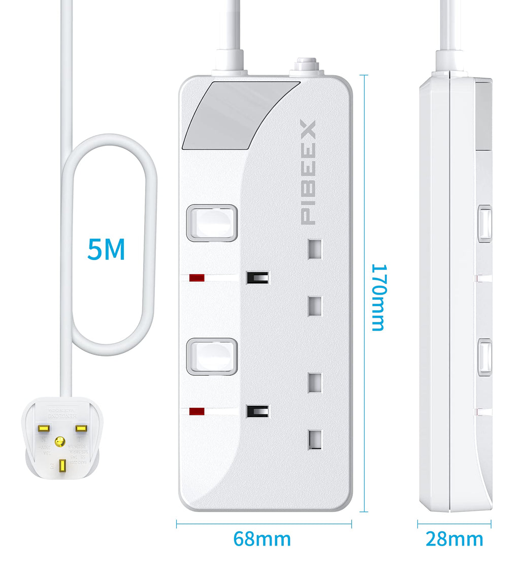 PIBEEX Extension Lead 2 Way Plug Sockets with Individual Switches Wall Mountable Power Strip 3M Extension Cable 13A Fused UK Plug 3250W