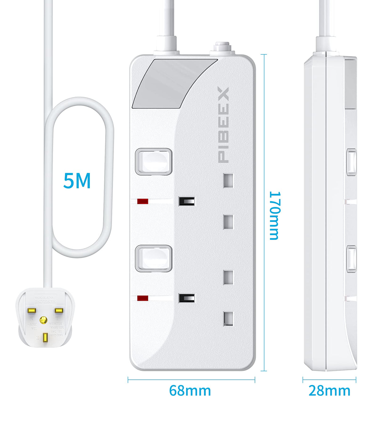 PIBEEX Extension Lead 2 Way Plug Sockets with Individual Switches Wall Mountable Power Strip 3M Extension Cable 13A Fused UK Plug 3250W