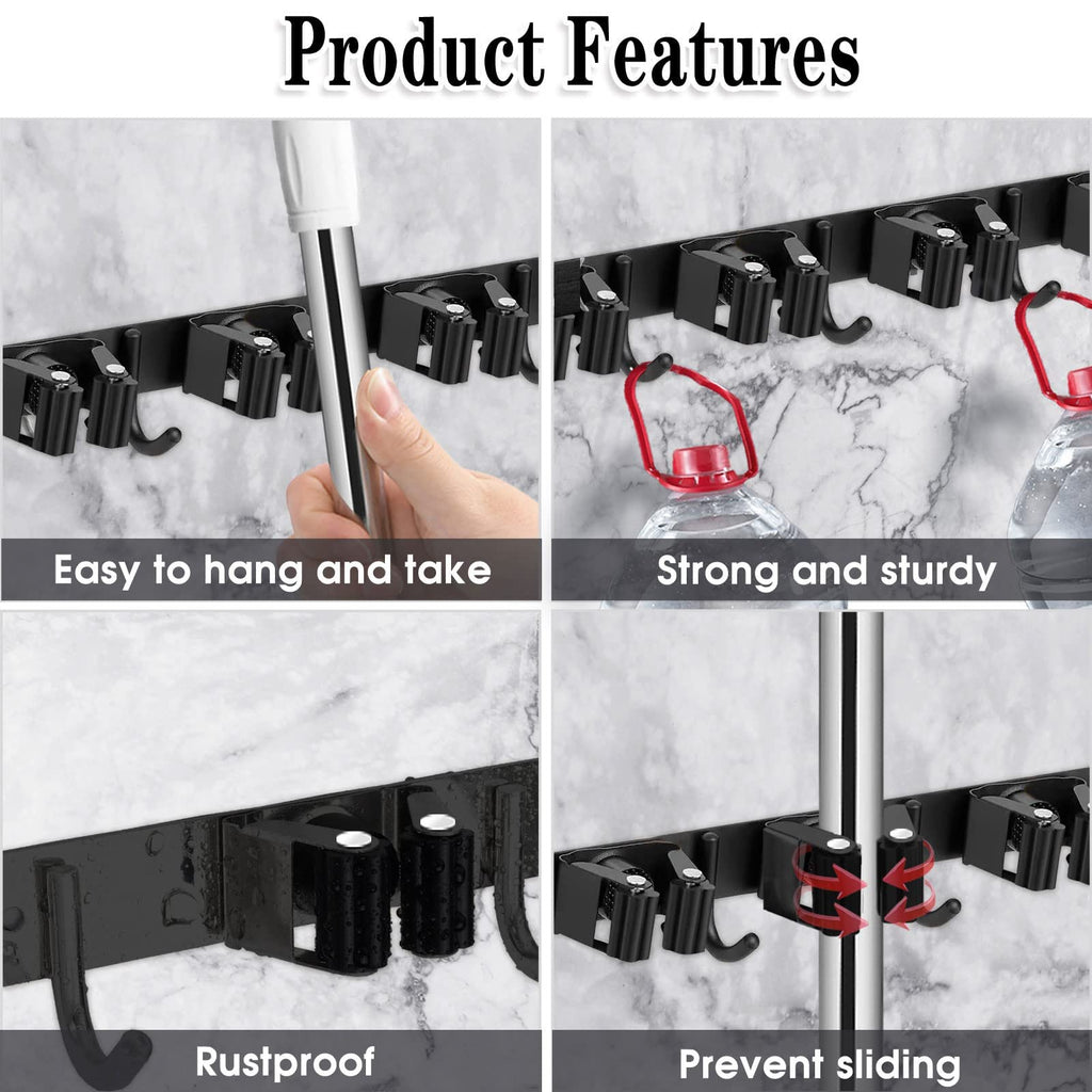 AceMining Broom Holder Wall Mount, 5 Racks 4 Hooks Heavy Duty Mop Organizer