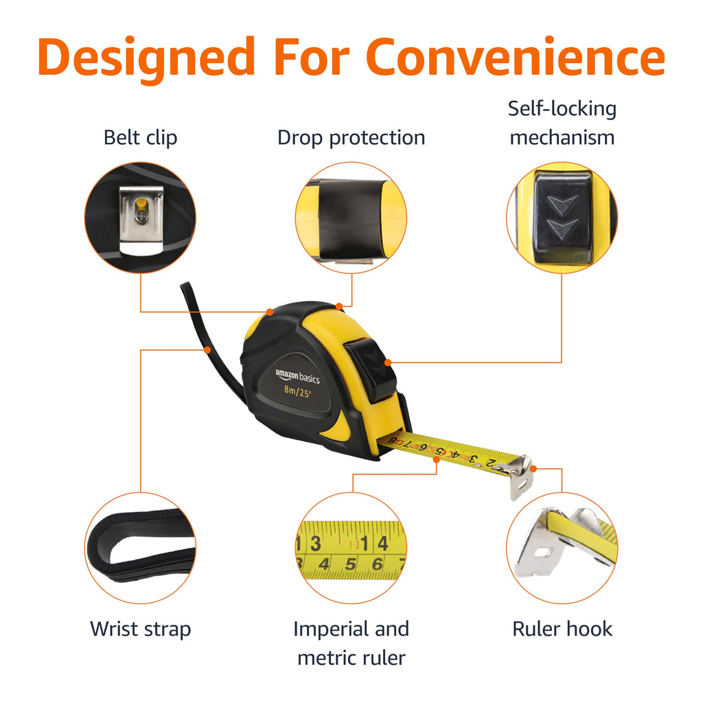 Amazon Basics Self-Locking Tape Measure with Belt Clip, 16-Feet (5-Meters), Inch/Metric Scale, MID Accuracy, Black, Yellow