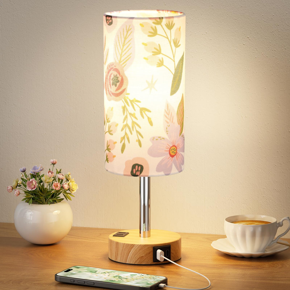 Fenmzee Bedside Table Lamp Set of 2 - Dimmable Touch, USB A+C, AC Outlet