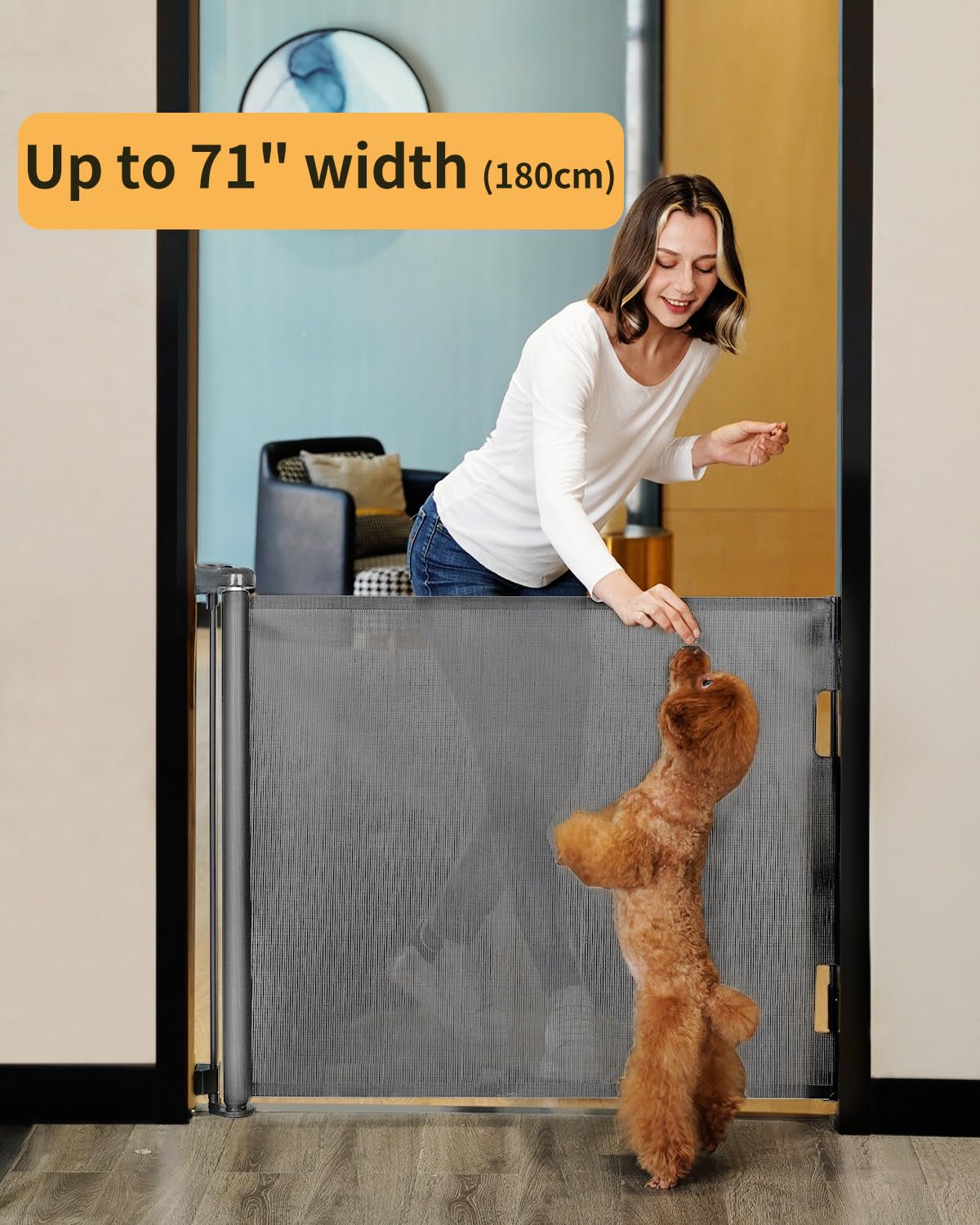 Retractable Mesh Baby & Dog Gate for Stairs, 86cm Tall x 140cm Wide, Black